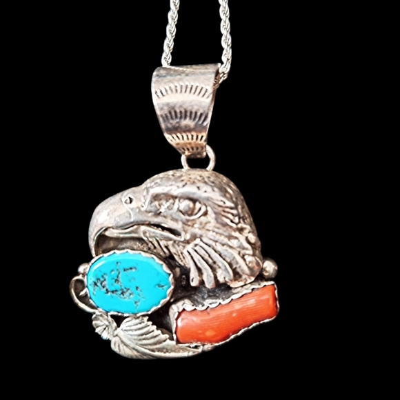 ✨OOAK! Roger Skeets Navajo Sterling Silver Turquoise and Red Coral EAGLE Pendant - Picture 10 of 17